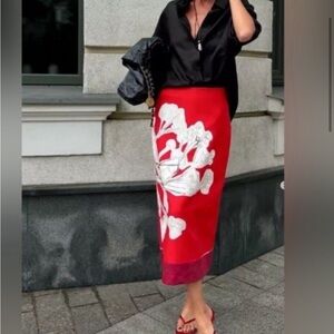 Zara Bold Red and White Midi Skirt